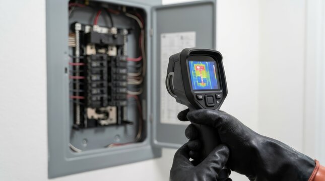 Hand holds thermal camera near open electrical panel