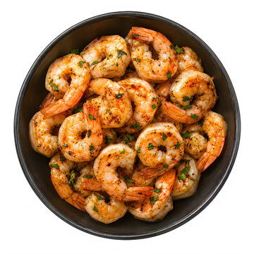 Grilled garlic shrimp with fresh herbs, roasted prawns in a dark ceramic bowl, delicious seafood appetizer for restaurant menus isolated on White Background ai
