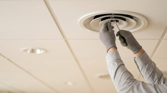 Hand adjusts ceiling vent with precision tools
