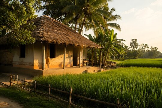 A traditional Bengali mud house with a thatched roof surrounded by lush green paddy fields, coconut and banana trees, warm golden morning light, rural village 