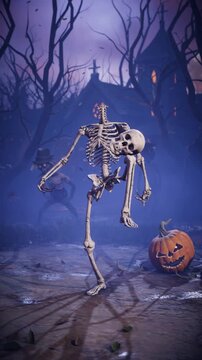 3D animation of funny Halloween skeleton juggling his own skull like a soccer ball with his knee in spooky night cemetery. Humorous horror character in foggy graveyard.