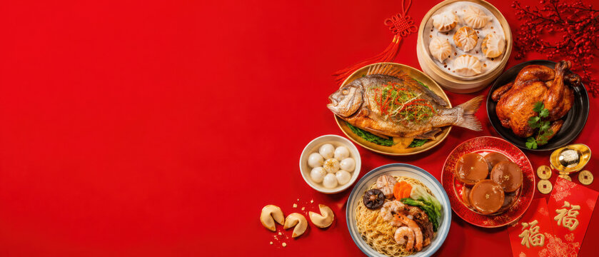 Traditional Chinese lunar New Year dinner table, party invitation, menu background with pork, fried fish, chicken, rice balls, dumplings, fortune cookie, nian gao cake, noodles, chinese decorations