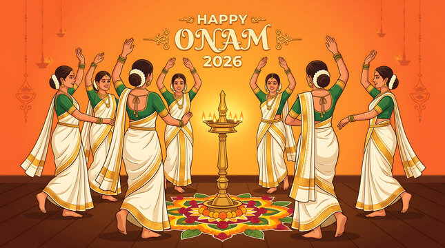 Group of women in traditional kerala saree dancing around brass lamp during onam festival celebration event