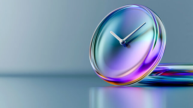 A glossy, iridescent clock with minimalist hands sits at an angle on a reflective surface against a soft gradient background.