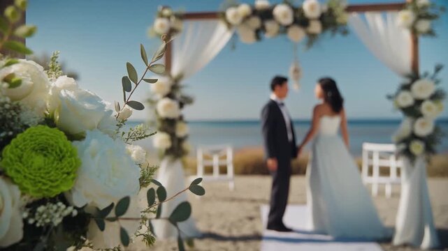 砂浜の装飾フレーム前に白とライムグリーンのブーケが大きく置かれ新郎新婦が遠くで向き合う