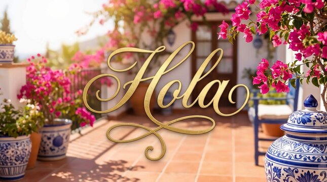 Elegant golden cursive hola text centered over a vibrant sunlit mediterranean terrace with blooming bougainvillea flowers