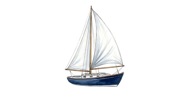 Blue sailboat with white sails on a white background, watercolor of a nautical vessel with a wooden mast and rigging details isolated on a transparent background