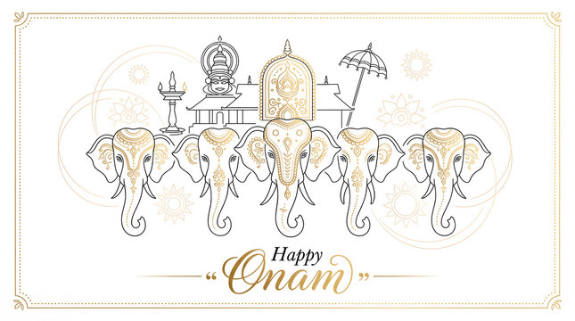 line art elephant head procession with temple parasol and lamp illustration for happy onam greeting card