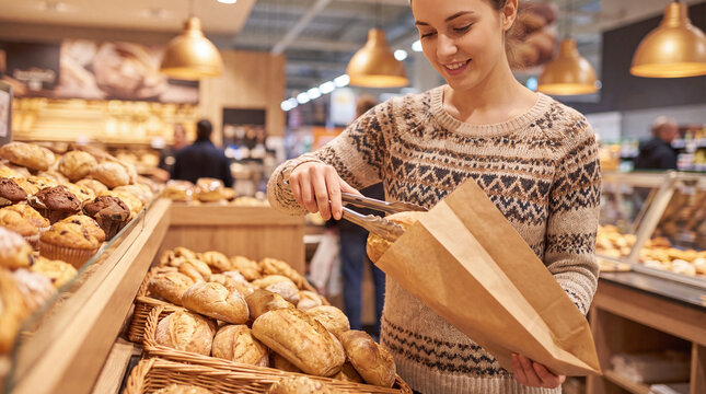 Woman selecting fresh bread rolls in a supermarket bakery aisle with a warm and inviting atmosphere