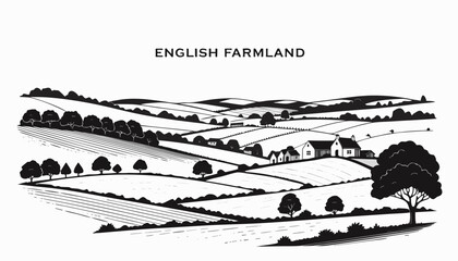 Fototapeta premium Very beautiful black and white realistic vector illustration of a farm countryside featuring a bold label reading 