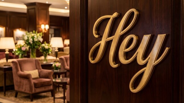 Elegant gold script lettering spelling hey mounted on a rich dark wooden door interior surface