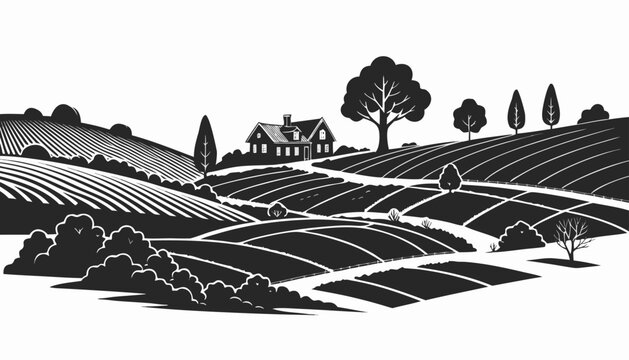 Very beautiful black and white realistic vector illustration of a farm countryside featuring a bold label reading "ENGLISH FARMLAND", rolling hills, traditional farmhouse, patchwork fields, scattered 