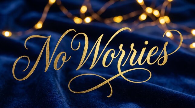 Elegant golden calligraphy text reading no worries set against a dark blue velvet fabric background backdrop