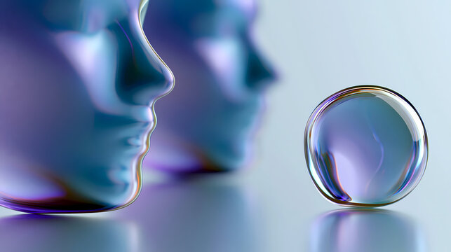 Abstract composition featuring two stylized human face profiles and a transparent, iridescent sphere on a smooth surface with soft lighting.