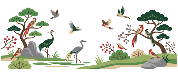 Fototapeta premium Oriental inspired scenery with elegant birds and plants.