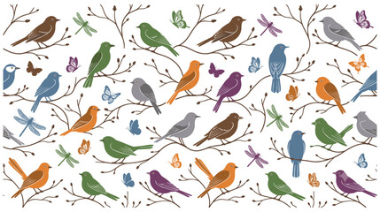 Obraz premium Beautiful seamless pattern with birds and garden insects.