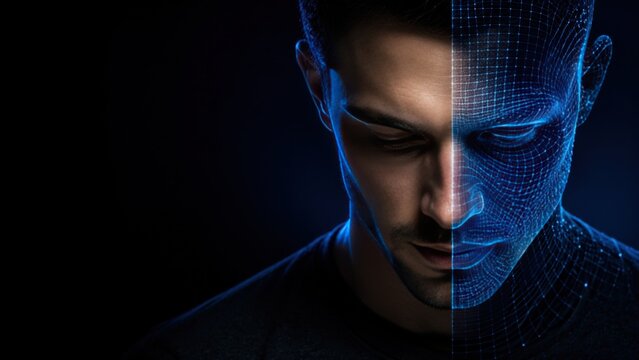Man looking down with face split into real and digital wireframe mesh