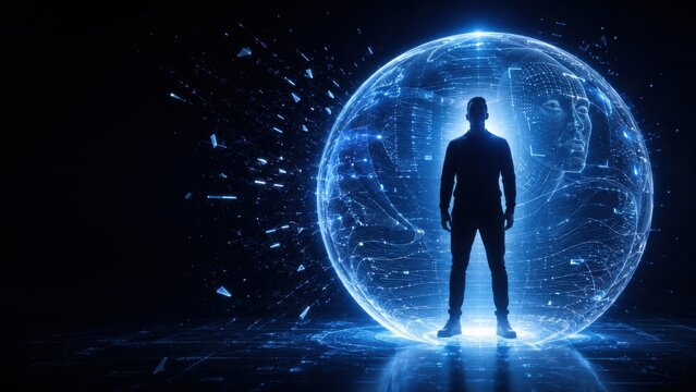 Human figure protected inside digital data sphere cybersecurity concept