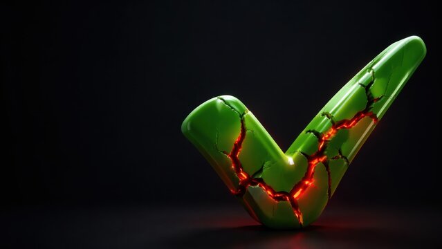 Wide shot of cracked green checkmark glowing red trust compromised concept