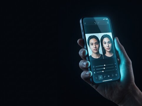 Hand holding phone comparing two faces in editing app deepfake concept