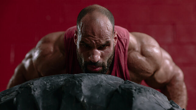  Intense muscular athlete covered in sweat pushing a massive truck tire during a hardcore crossfit workout against a red background
