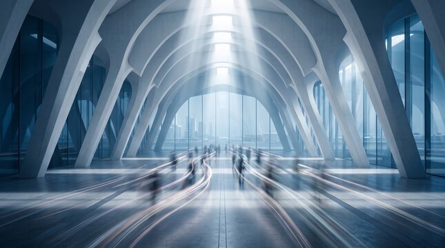 Modern Airport Terminal with Motion Blur Travelers