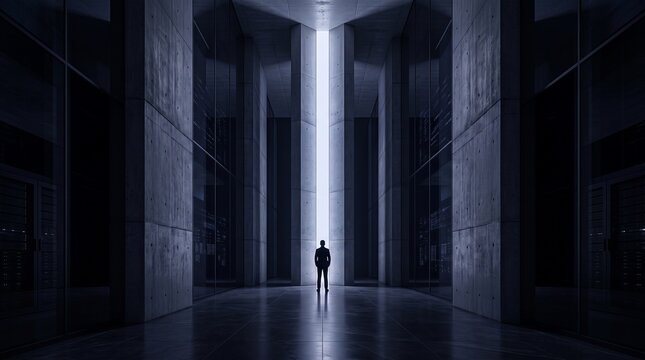 Businessman Standing Alone in Modern Corporate Corridor