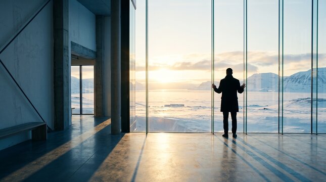 Businessman Gazing at Scenic Mountain Valley at Sunrise
