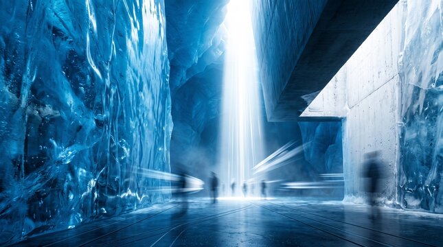 Futuristic Ice Tunnel with Light Rays and Motion Blur