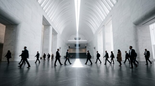 Business Professionals Walking Through Modern Minimalist Corridor