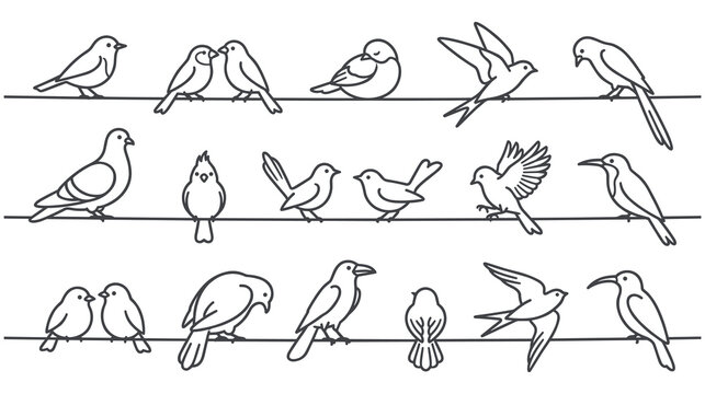 Various bird species sitting on wires line art drawing.
