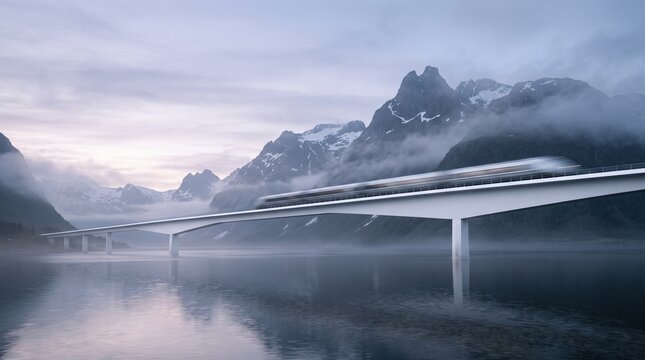 Modern Bridge Spanning Alpine Lake with Snow-Capped Mountains