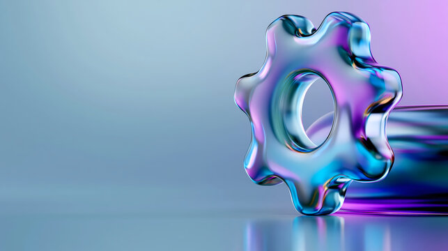 A transparent glass gear with blue and purple highlights is positioned upright on a smooth reflective surface with a soft gradient background.