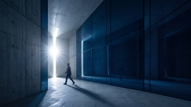 Silhouette Walking Through Bright Futuristic Corridor