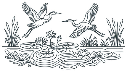 Fototapeta premium Two herons flying over pond with water lilies line art.