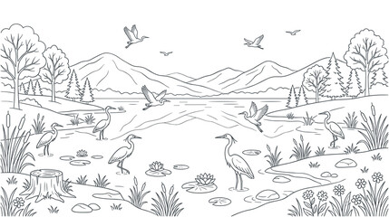 Fototapeta premium Wildlife birds in a mountain lake landscape coloring book page.