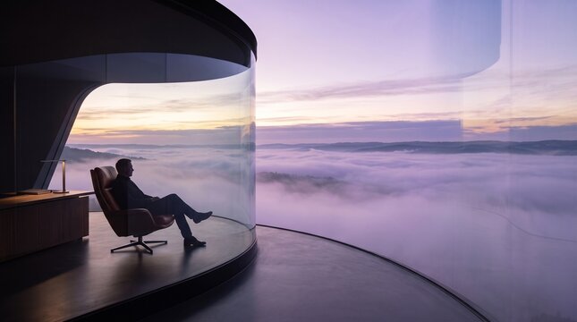 Man Contemplating Sunrise Cloud View from Modern Office