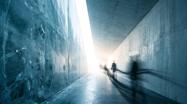 Blurred Figures Walking Through Concrete Tunnel Toward Light