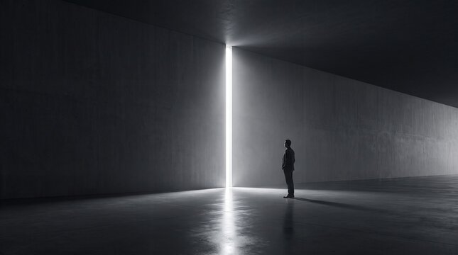 Businessman Standing Before Bright Light Gateway