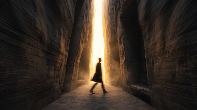 Person Walking Toward Light Through Stone Corridor