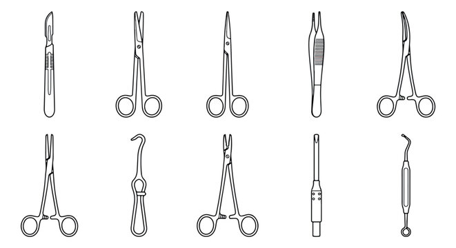 Surgical instruments vector set, medical steel tools for surgery and anatomy, 10 professional scalpel and forceps icons for healthcare design