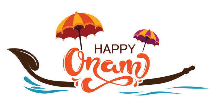 Happy Onam festival vector banner with orange typography, traditional umbrellas, and Vallam Kali snake boat floating on blue water waves. Isolated on white background.