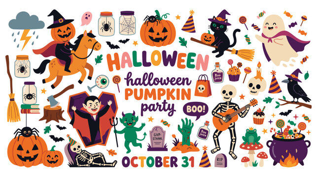 Fun Halloween party elements with pumpkins and costumes.