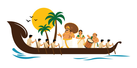 Kerala festival banner featuring King Mahabali, a woman in traditional attire, a chenda drummer, and rowers on a classic snake boat against a sunset. © bibin