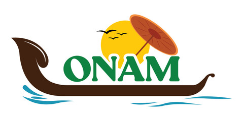 Naklejka premium Onam festival vector graphic with bold green text, a brown snake boat hull on blue waves, a yellow sun, and an orange traditional umbrella.