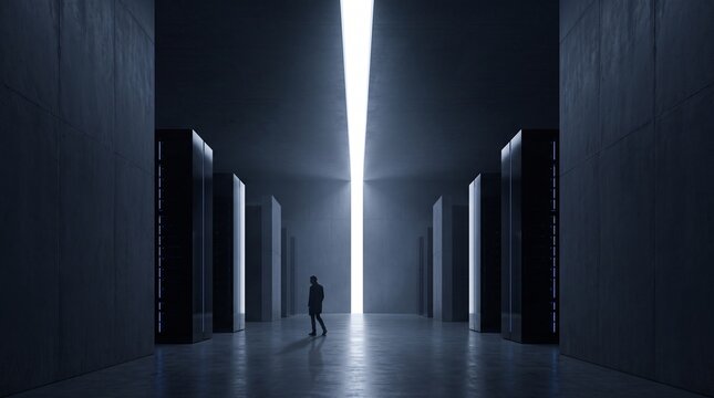 Businessman Walking Through Modern Corridor Toward Light