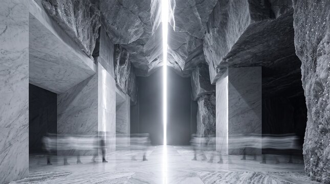 Futuristic Underground Cavern with Glowing Light Beams