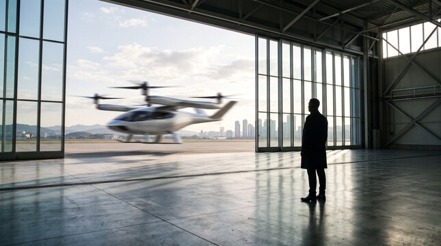 Businessman Watching Aircraft Landing in Hangar