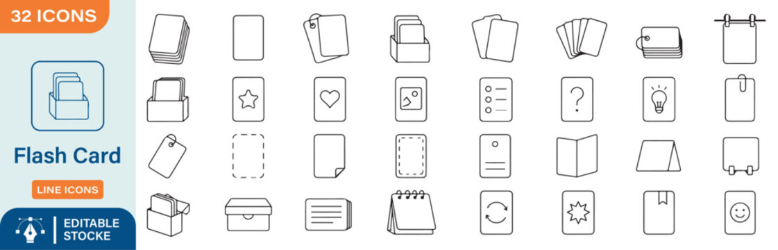 Flash Card and Memory Quiz Line Icons Set - 32 Editable Stroke Language Learning and Study Cards Vector Elements