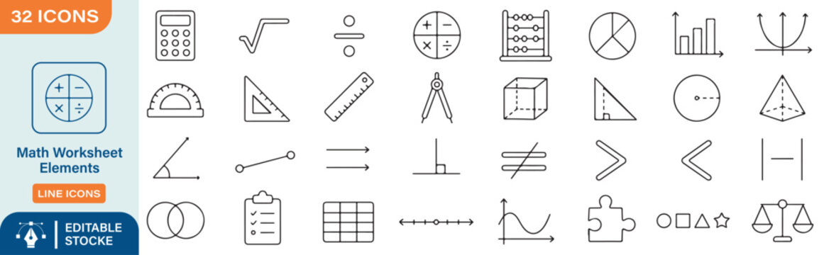 32 Math Worksheet Elements Vector Outline Icons Set &ndash; Mathematics, Geometry, Algebra, Calculation and Educational Line Symbols Collection